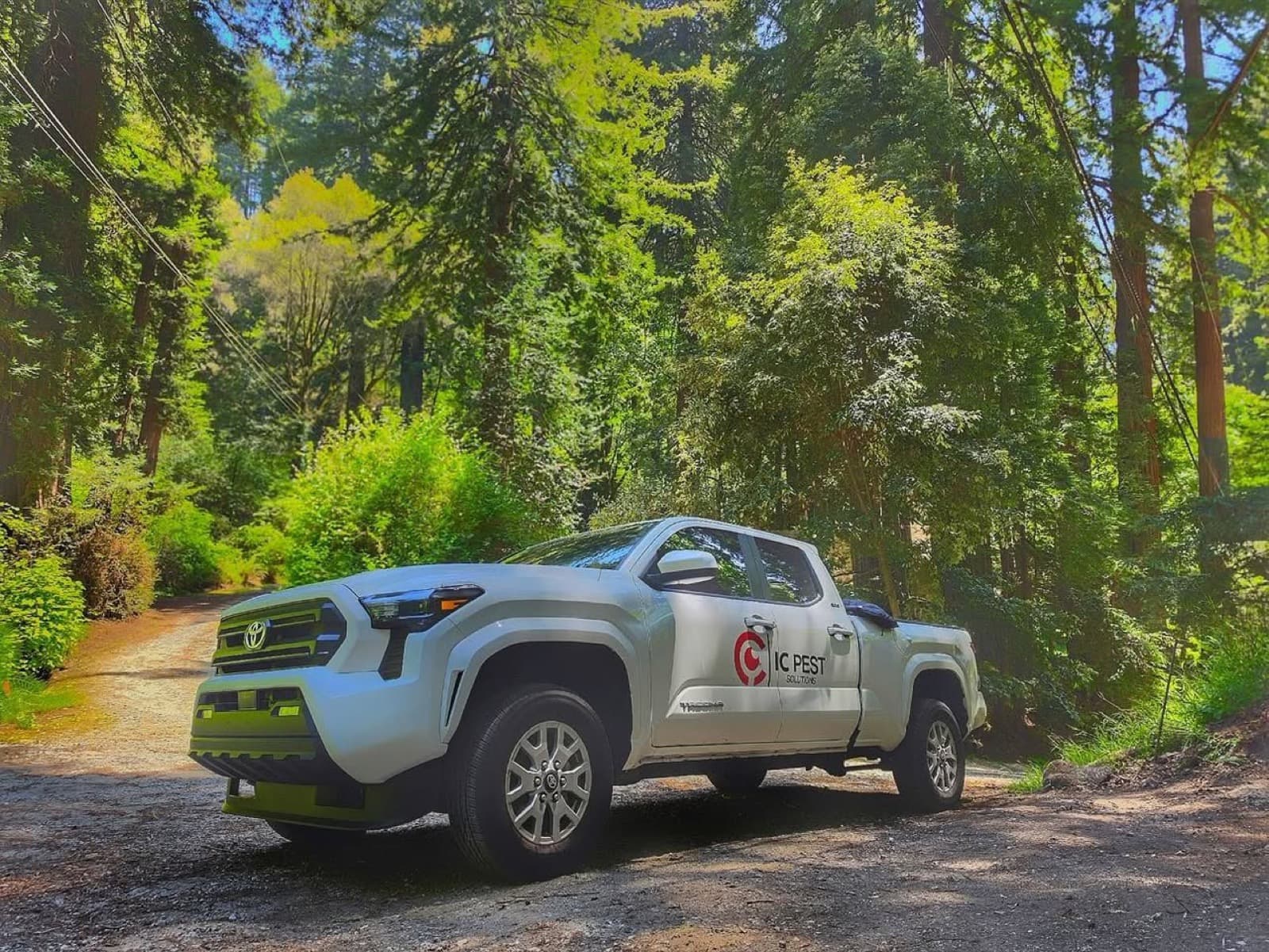 IC Pest Solutions service truck on a forest road in the Santa Cruz mountains